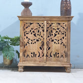 Elephant Carved Door design Solid Wood Cabinet Buffet Brown